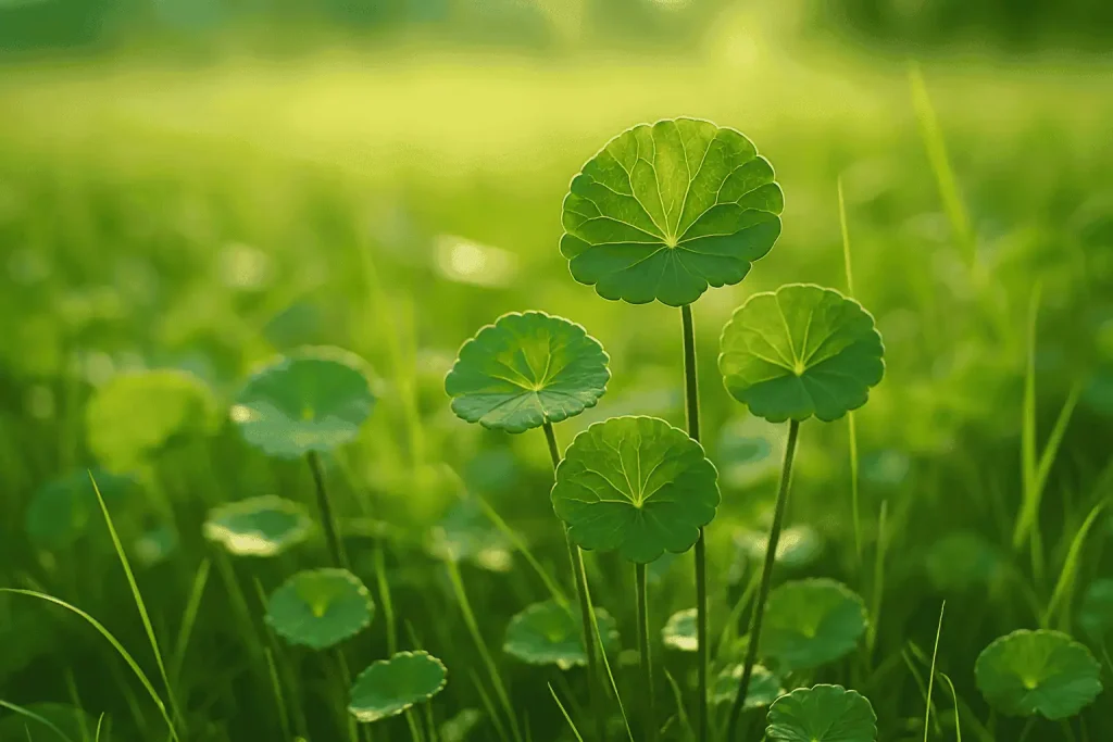 ilustración de hoja y tallo de centella asiática en una pradera