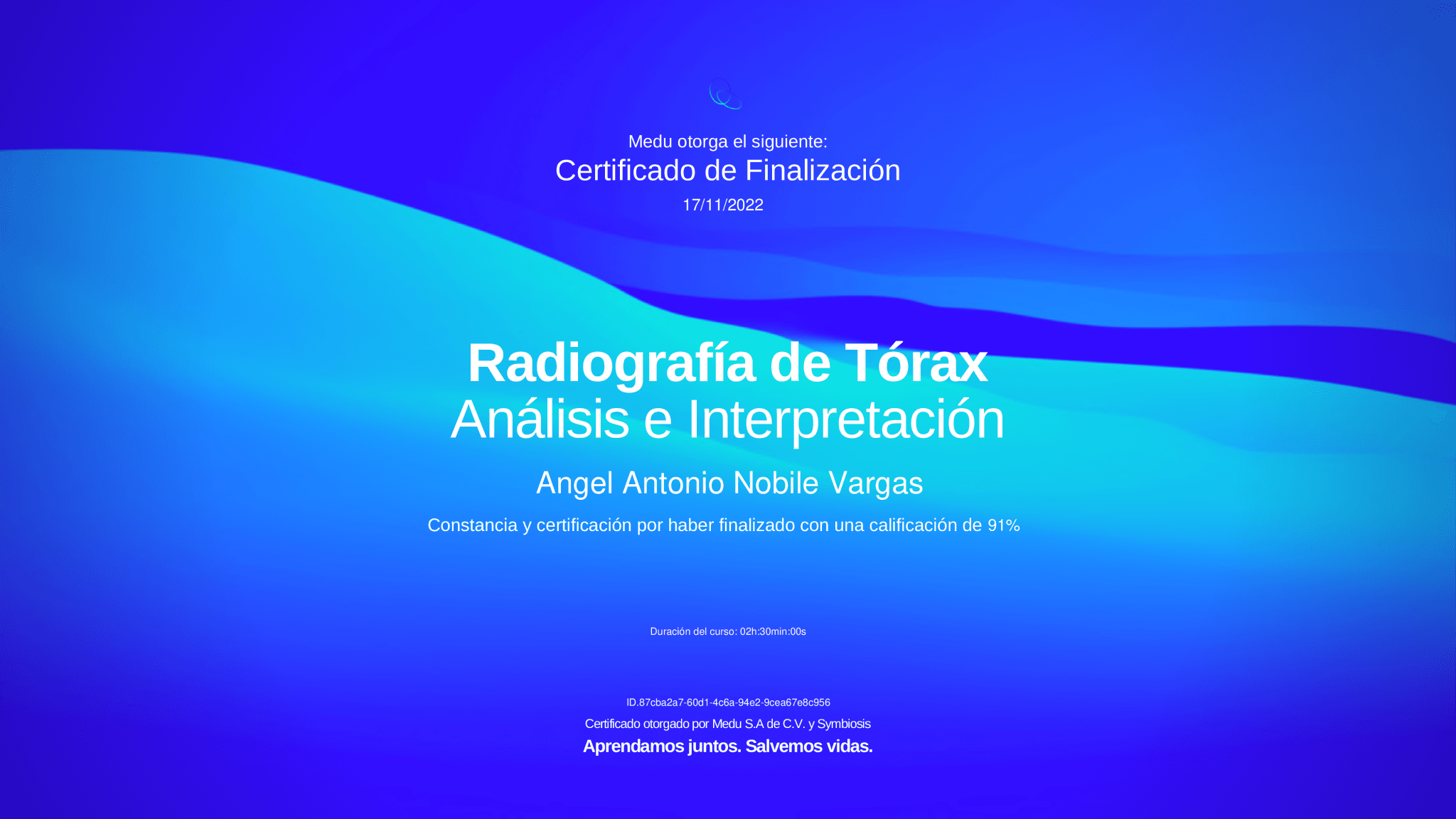 CERTIFICADO de "Radiografía de Tórax: Análisis e interpretación" del Dr. Angel Nobile