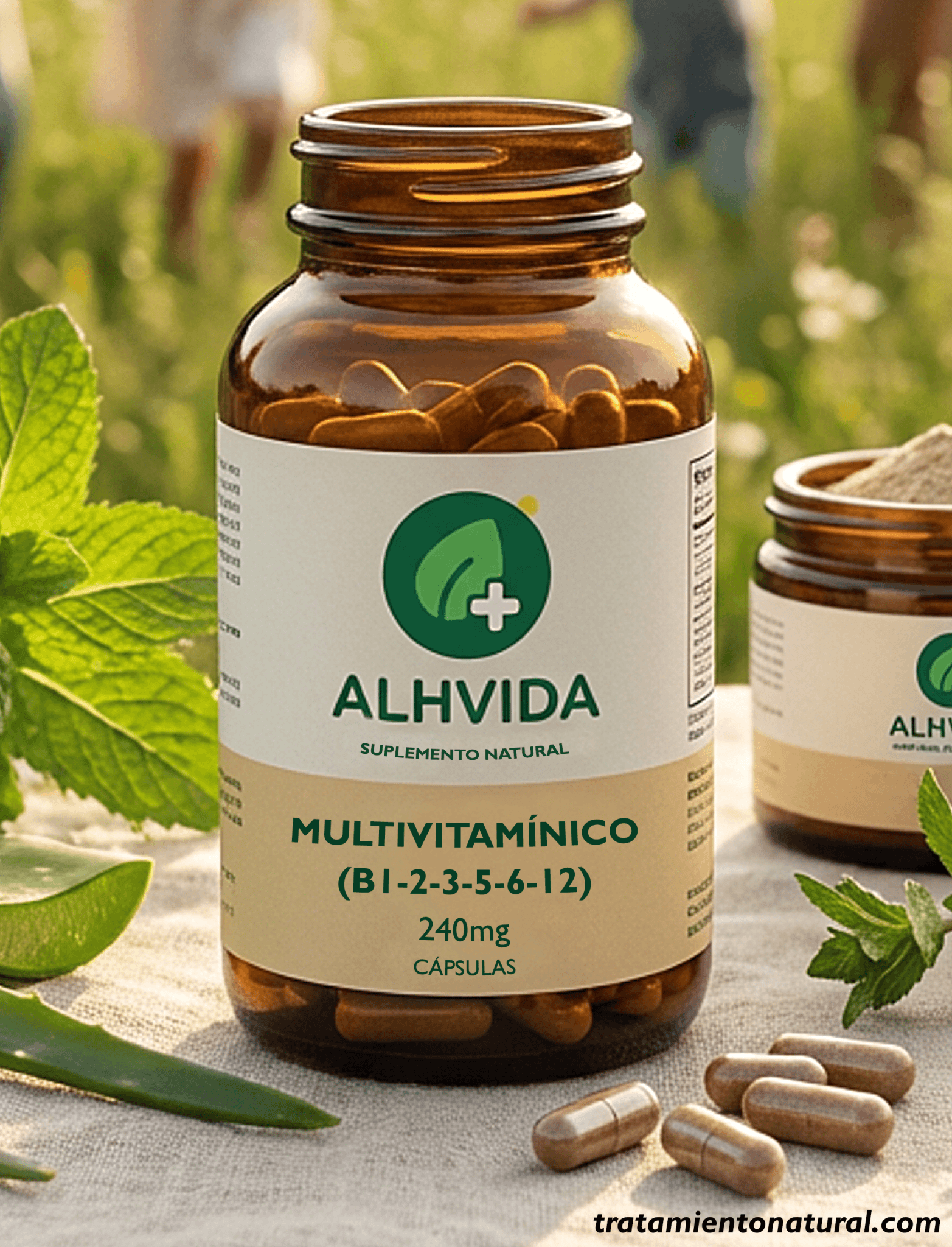 Frasco de cápsulas de la empresa Alhvida de Multivitamínico de complejo B