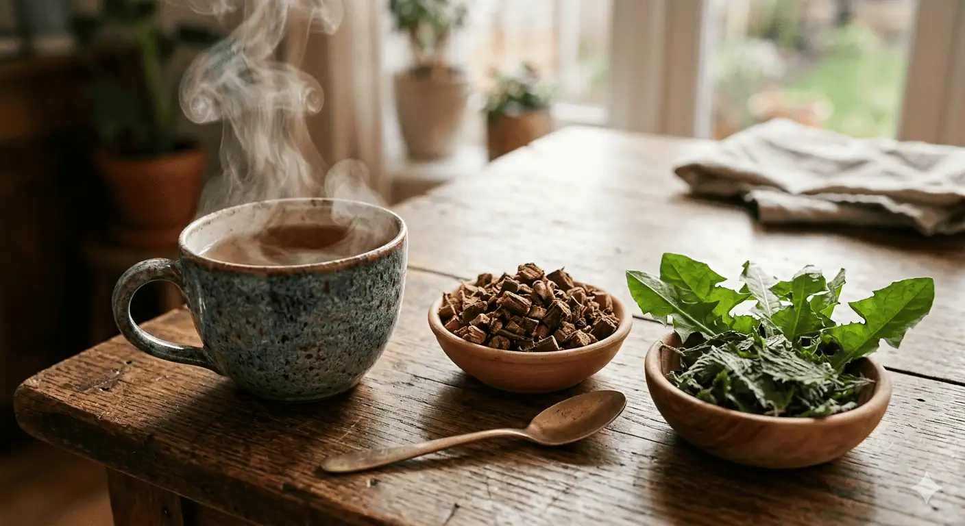 Taza rústica de té humeante junto a raíces secas tostadas y hojas verdes sobre una mesa de madera oscura