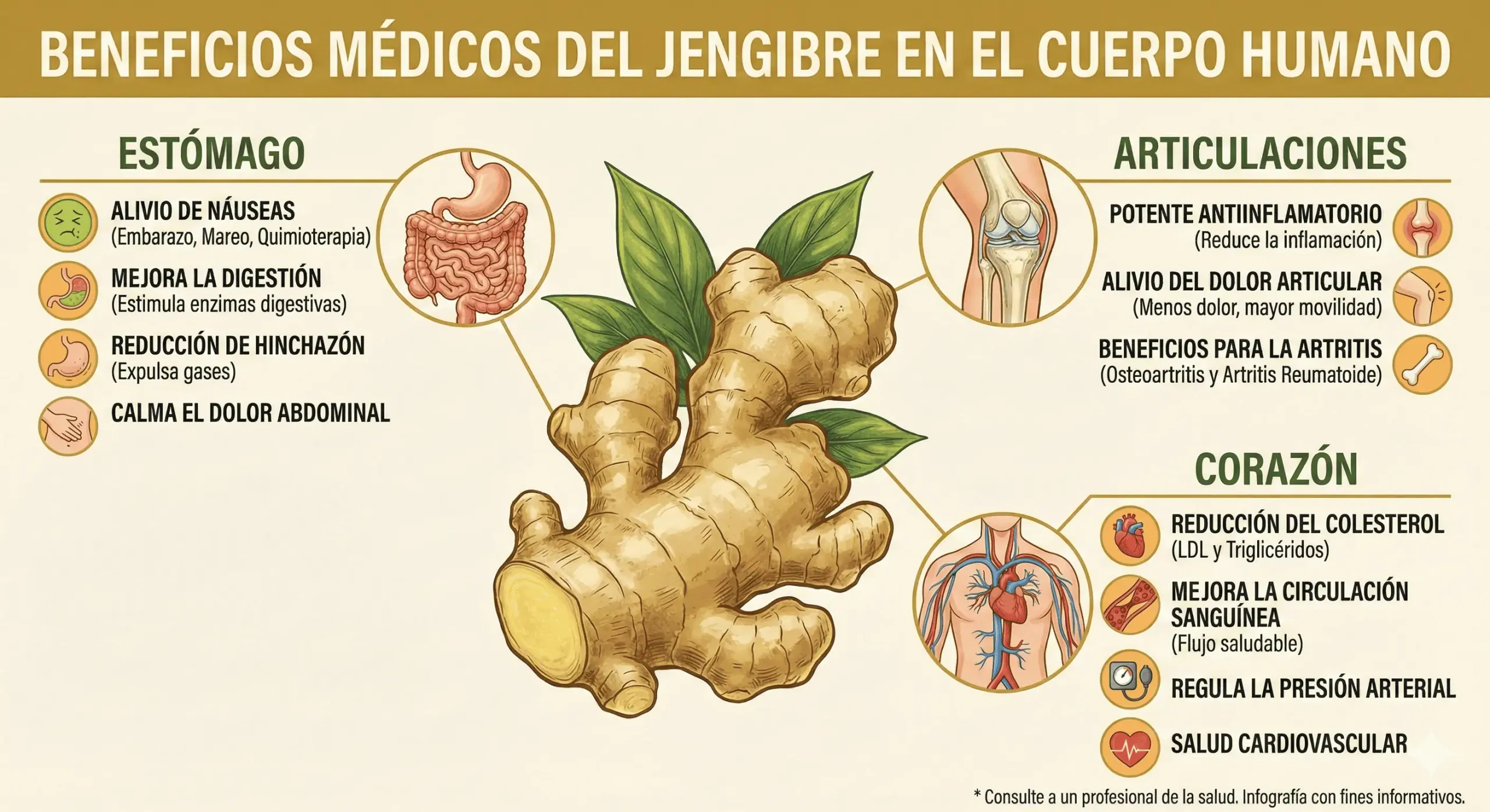 Infografía médica que muestra los beneficios del jengibre en el cuerpo humano, enfocándose en estómago, articulaciones y corazón
