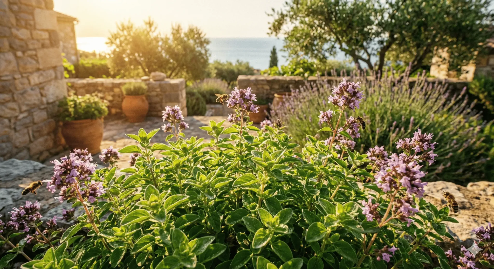 Hojas de orégano fresco y flores púrpuras creciendo en un jardín mediterráneo soleado