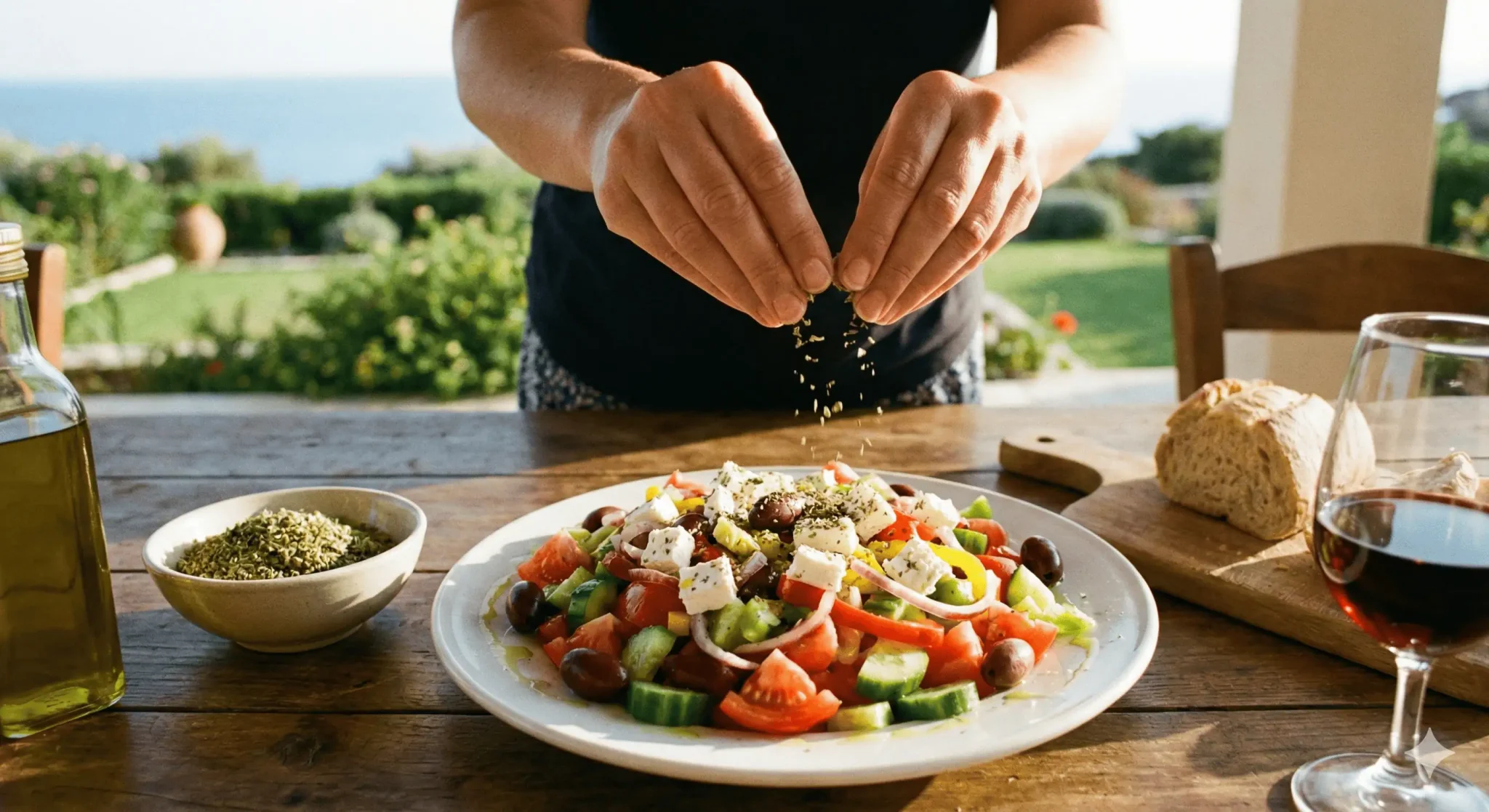 Manos espolvoreando hojas secas de orégano orgánico sobre un plato de comida mediterránea saludable