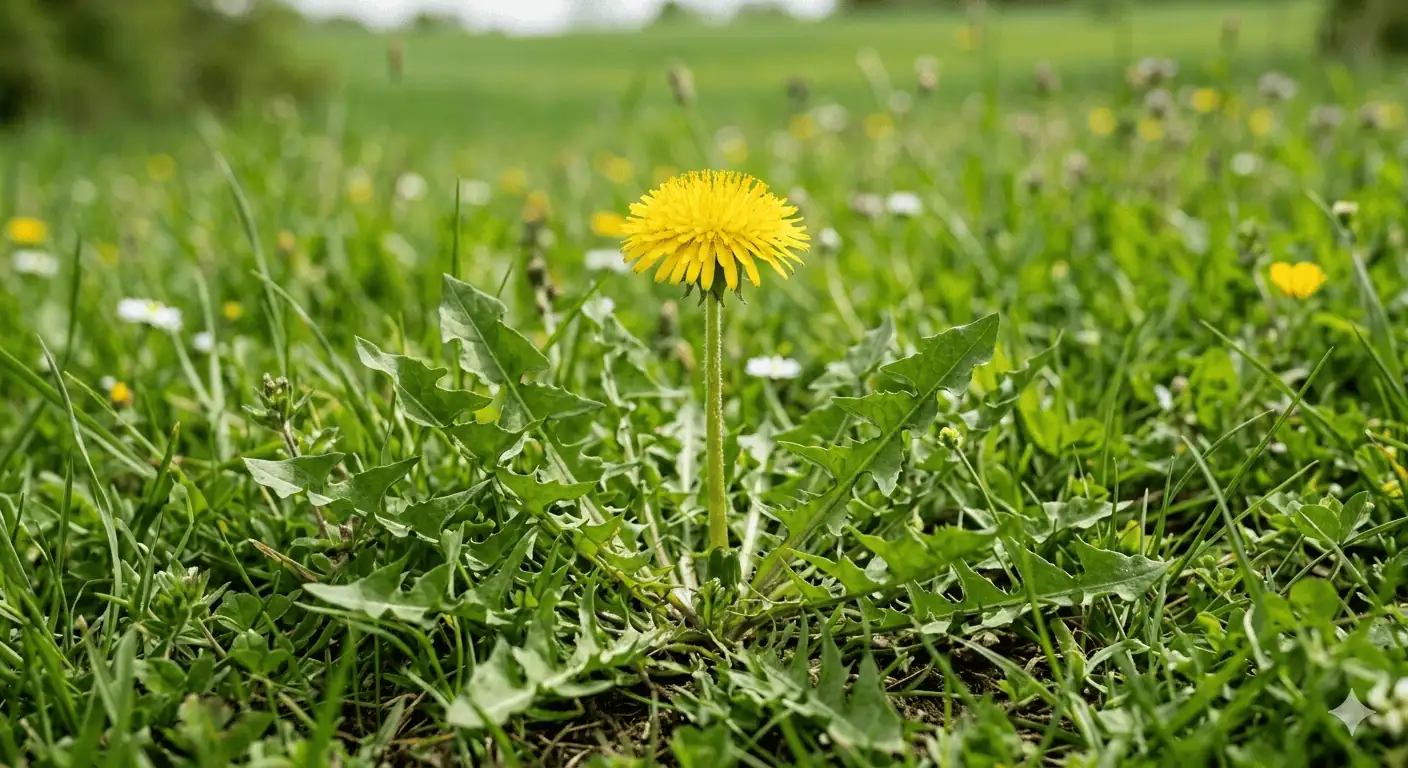 Planta de diente de león silvestre mostrando su flor amarilla brillante y hojas dentadas en un prado verde