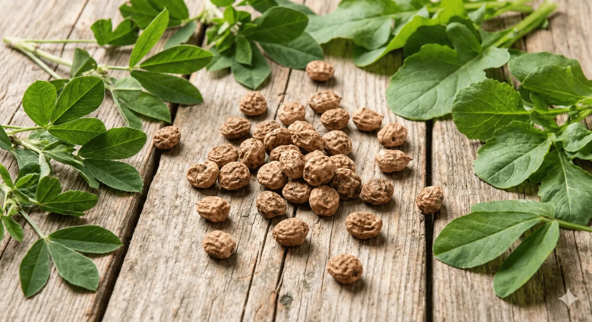 Puñado de chufas o nueces de tigre crudas sobre una superficie de madera rústica rodeadas de hojas verdes