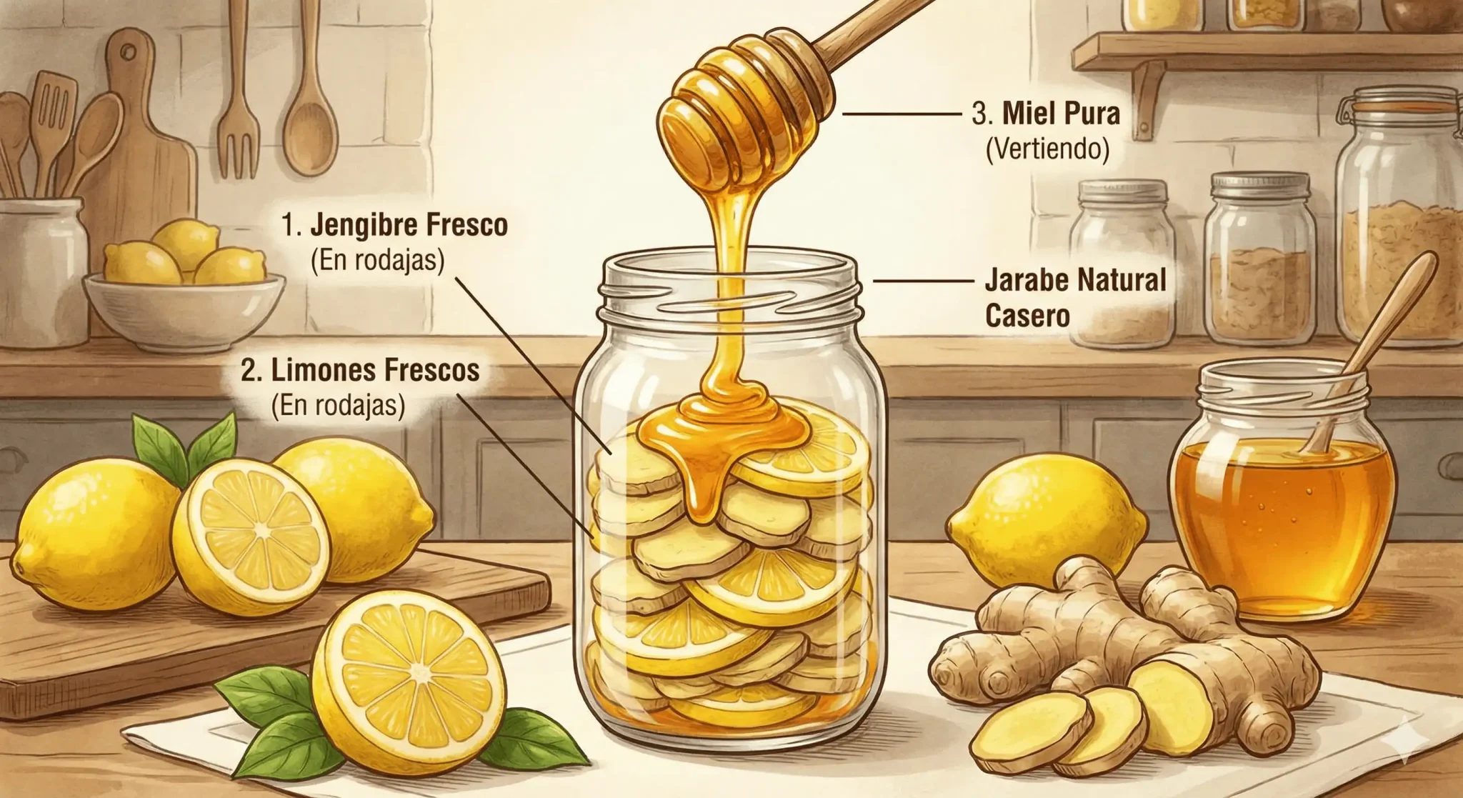 Proceso de preparación de jarabe natural mostrando un frasco de vidrio con miel cayendo sobre rodajas de limón y jengibre