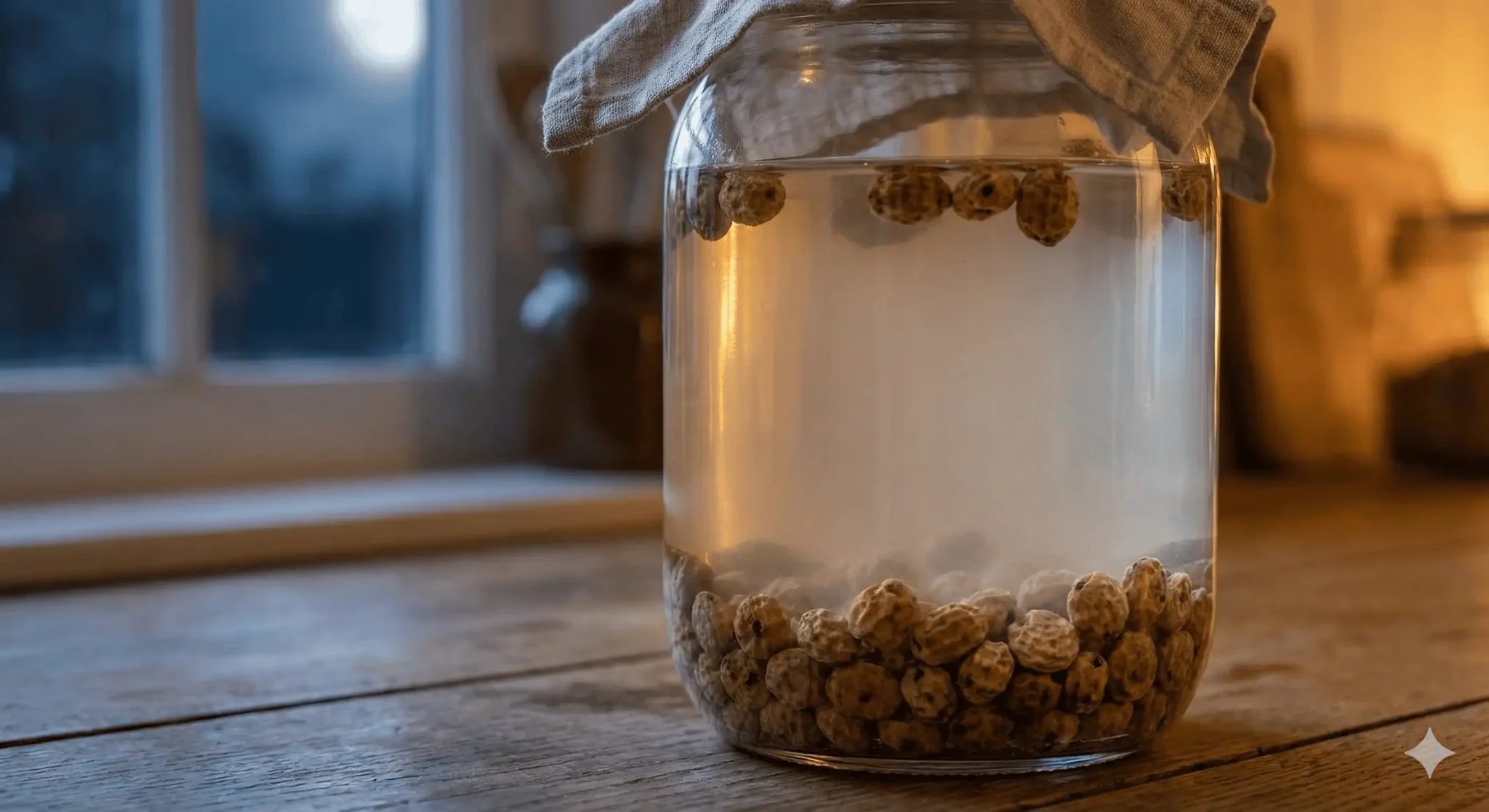 Recipiente de cristal con agua purificada donde se están remojando chufas o nueces de tigre durante la noche