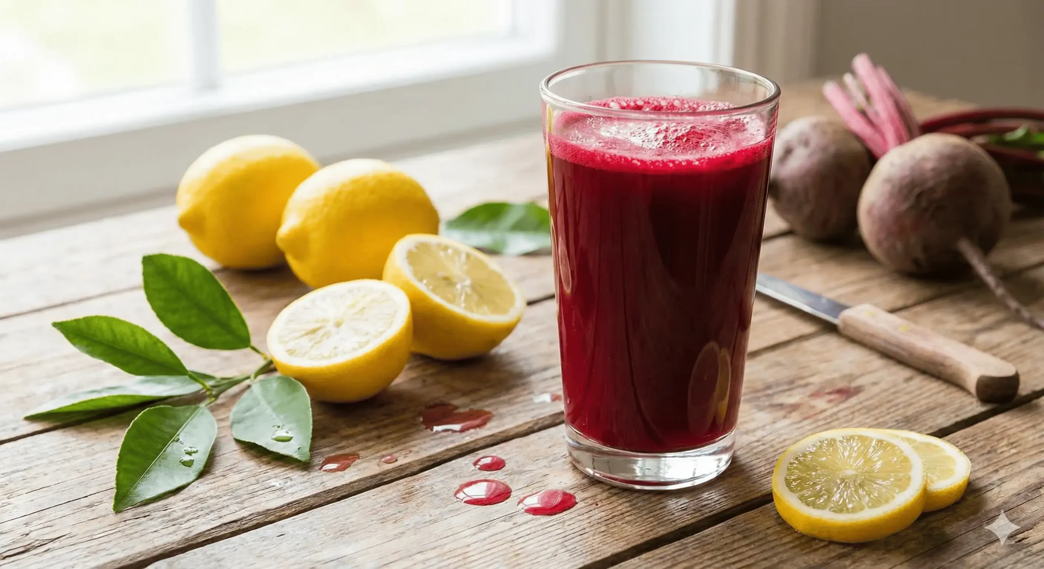 Vaso de cristal con jugo rojo intenso de betabel recién preparado junto a limones frescos